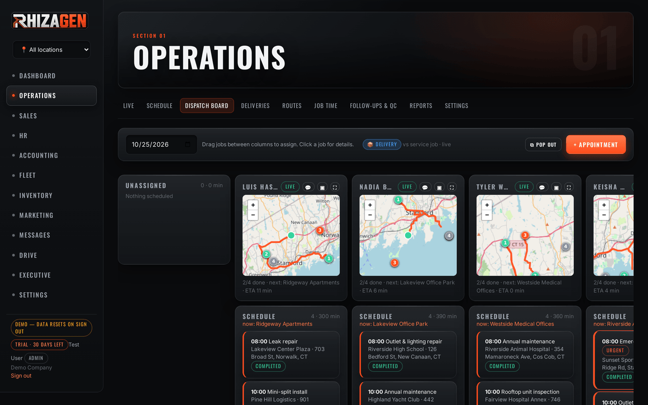 Dispatch board with live GPS map per technician