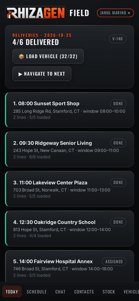 Delivery driver's route on the field app